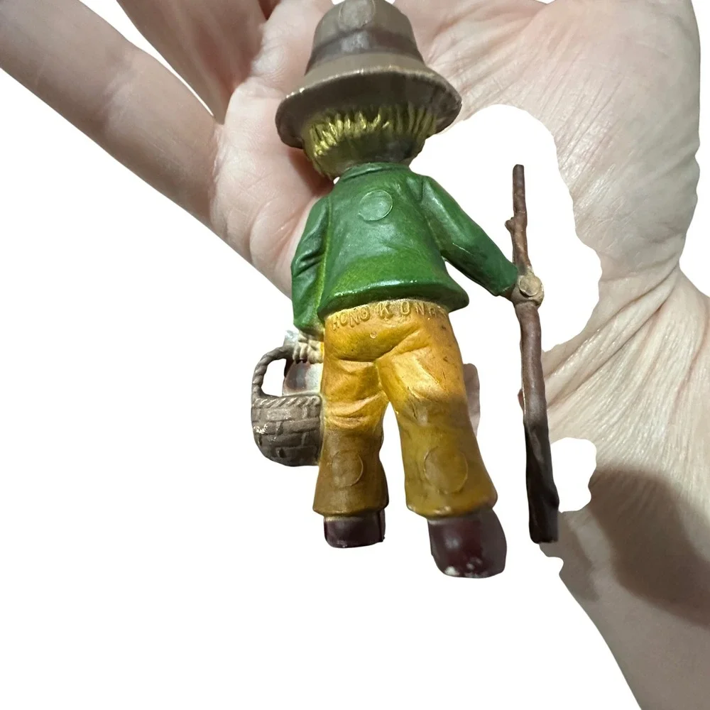 Vintage Hong‎ Kong Boy Figurine Ornament Hiker with Bunny Basket Walking Stick